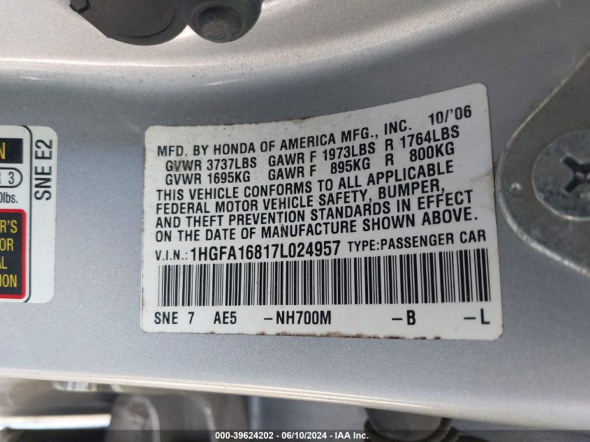 2007 Honda Civic Ex VIN: 1HGFA16817L024957 Lot: 39624202