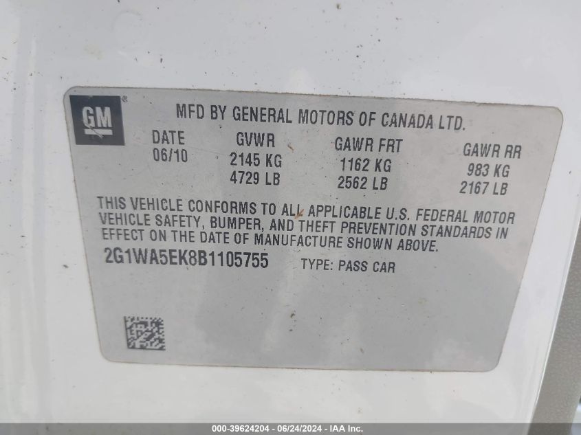 2011 Chevrolet Impala Ls VIN: 2G1WA5EK8B1105755 Lot: 39624204