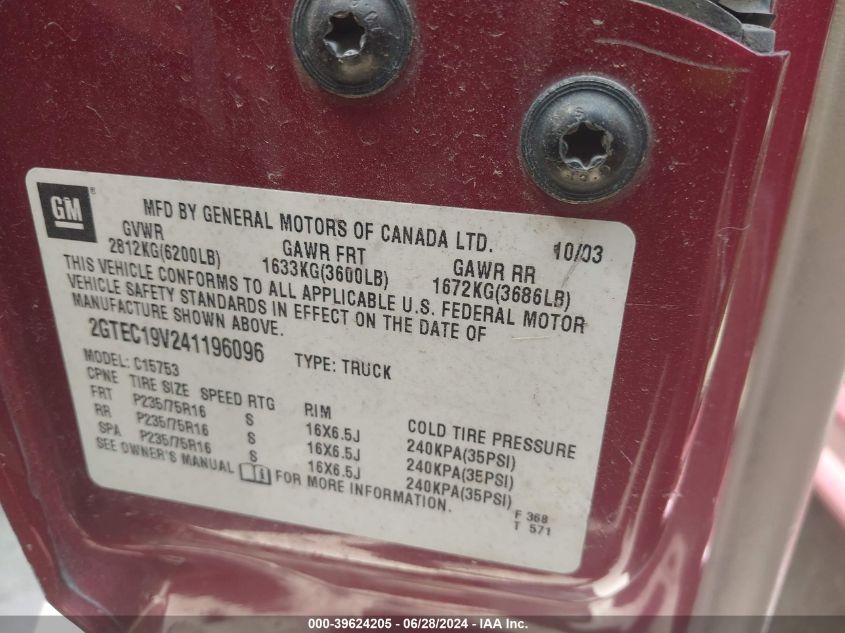 2004 GMC Sierra 1500 Sle VIN: 2GTEC19V241196096 Lot: 39624205