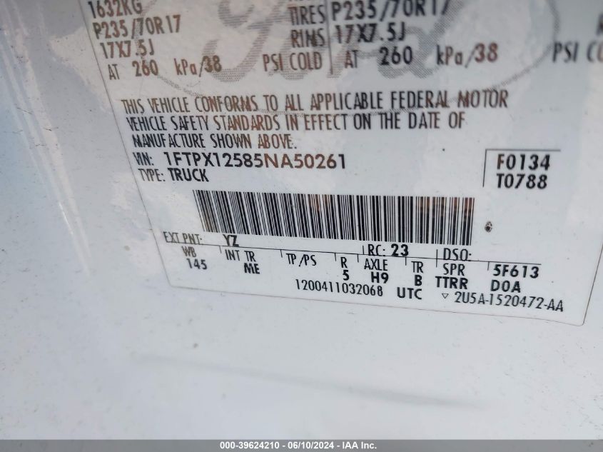 2005 Ford F-150 Lariat/Xl/Xlt VIN: 1FTPX12585NA50261 Lot: 39624210