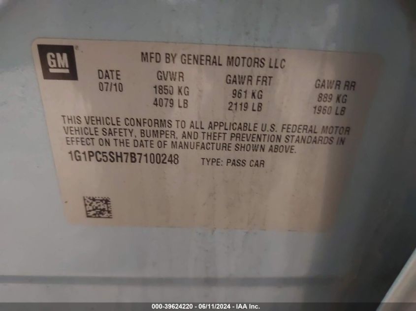 2011 Chevrolet Cruze Ls VIN: 1G1PC5SH7B7100248 Lot: 39624220