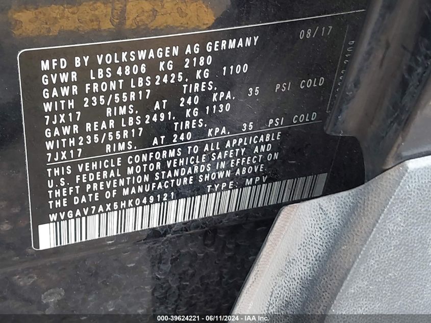 2017 Volkswagen Tiguan 2.0T/2.0T S VIN: WVGAV7AX5HK049121 Lot: 39624221