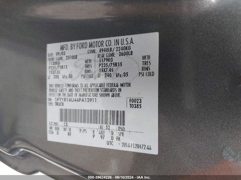 2004 Ford Ranger Edge/Tremor/Xl/Xlt VIN: 1FTYR14U44PA13911 Lot: 39624226