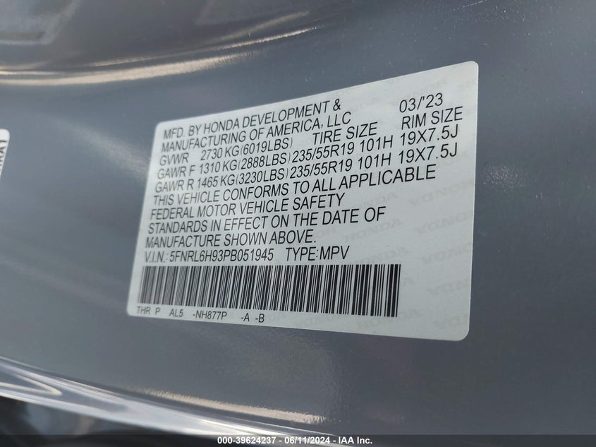 2023 Honda Odyssey Elite VIN: 5FNRL6H93PB051945 Lot: 39624237