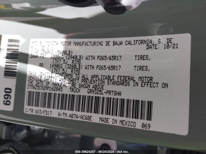 2022 Toyota Tacoma Trd Sport VIN: 3TMAZ5CN2NM162845 Lot: 39624257