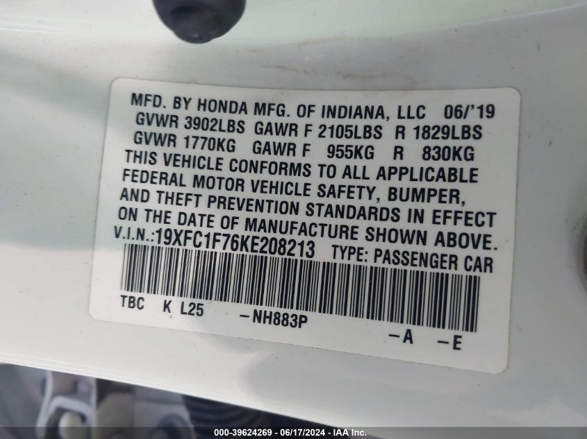 2019 Honda Civic Ex-L VIN: 19XFC1F76KE208213 Lot: 39624269