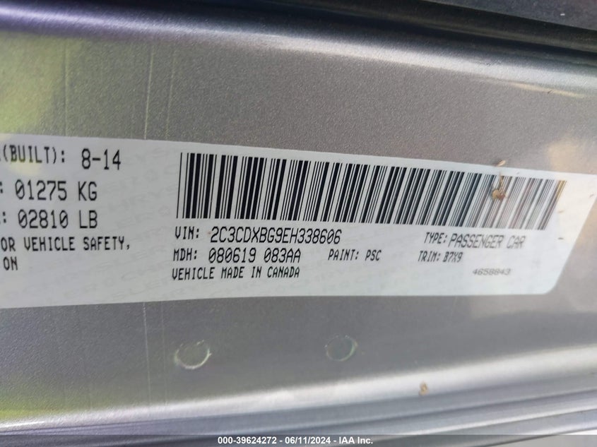 2014 Dodge Charger Se VIN: 2C3CDXBG9EH338606 Lot: 39624272