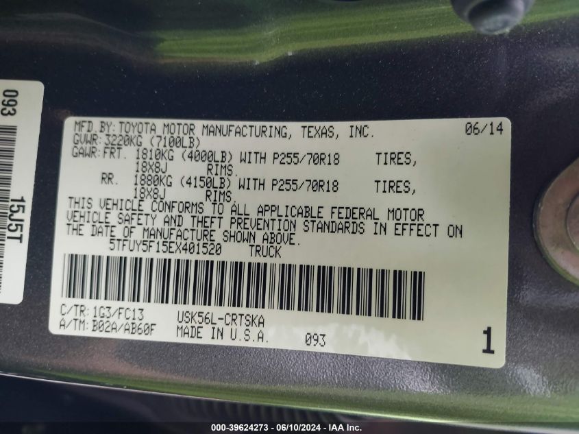 2014 Toyota Tundra Sr5 5.7L V8 VIN: 5TFUY5F15EX401520 Lot: 39624273