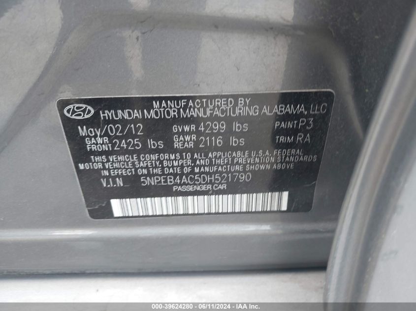 2013 Hyundai Sonata Gls VIN: 5NPEB4AC5DH521790 Lot: 39624280