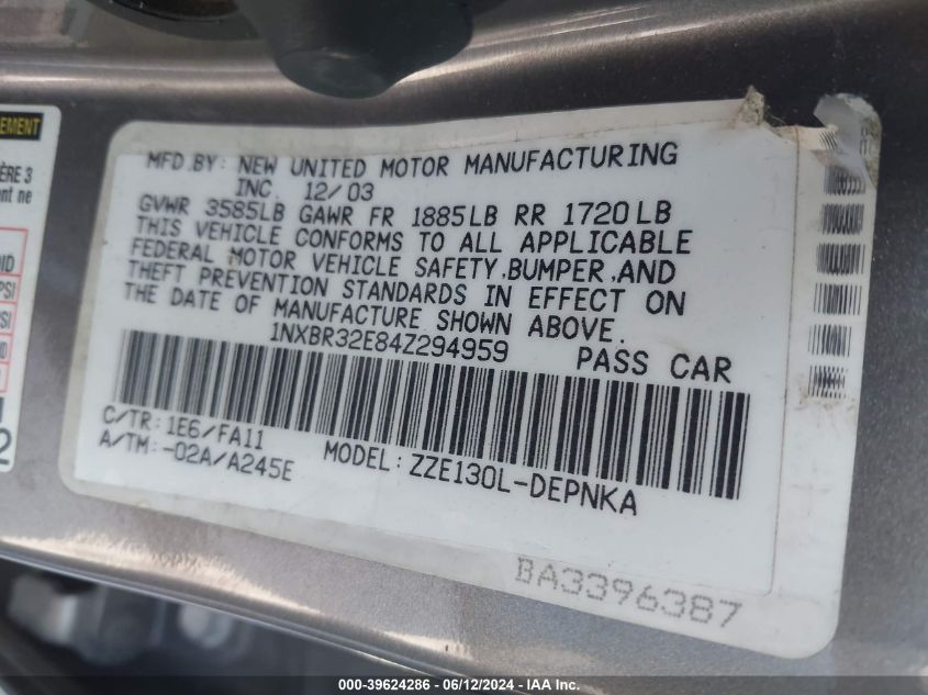 2004 Toyota Corolla Le VIN: 1NXBR32E84Z294959 Lot: 39624286