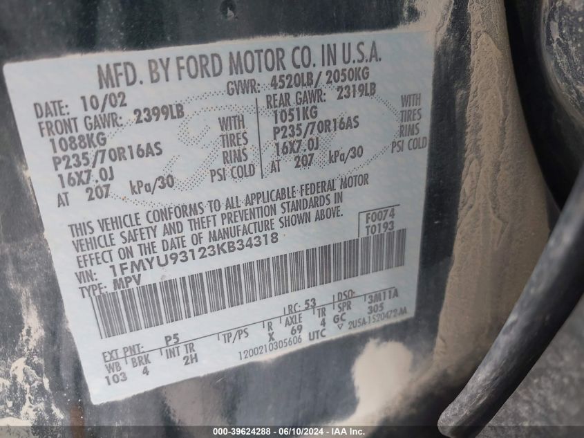 2003 Ford Escape Xlt VIN: 1FMYU93123KB34318 Lot: 39624288