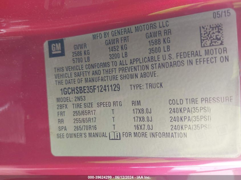 2015 Chevrolet Colorado Lt VIN: 1GCHSBE35F1241129 Lot: 39624299