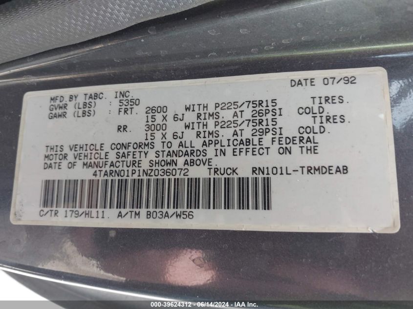 1992 Toyota Pickup 1/2 Ton Sht Wheelbase Dlx VIN: 4TARN01P1NZ036072 Lot: 39624312