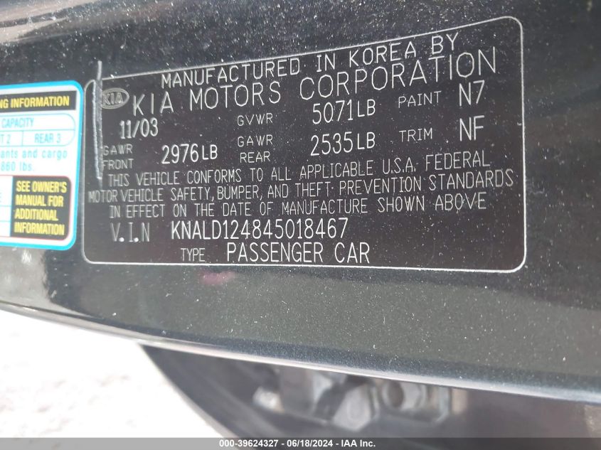 2004 Kia Amanti VIN: KNALD124845018467 Lot: 39624327