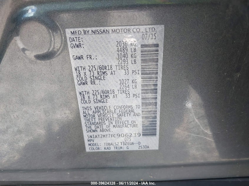 2015 Nissan Rogue Sl VIN: 5N1AT2MT7FC906239 Lot: 39624328