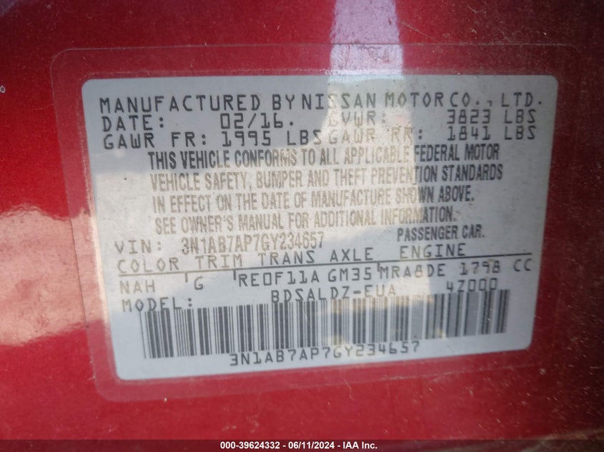 2016 Nissan Sentra Fe+ S/S/Sl/Sr/Sv VIN: 3N1AB7AP7GY234657 Lot: 39624332