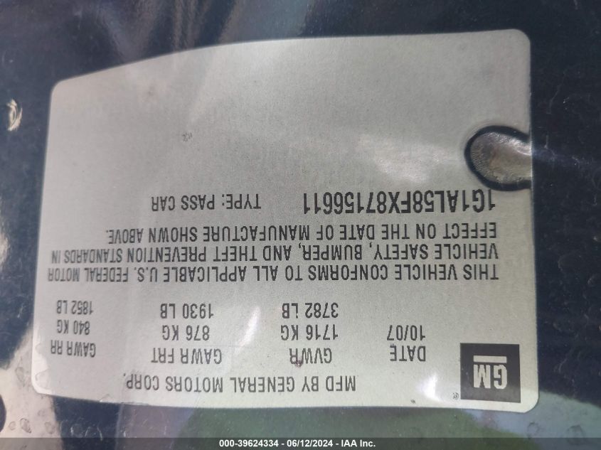 2008 Chevrolet Cobalt Lt VIN: 1G1AL58FX87156611 Lot: 39624334