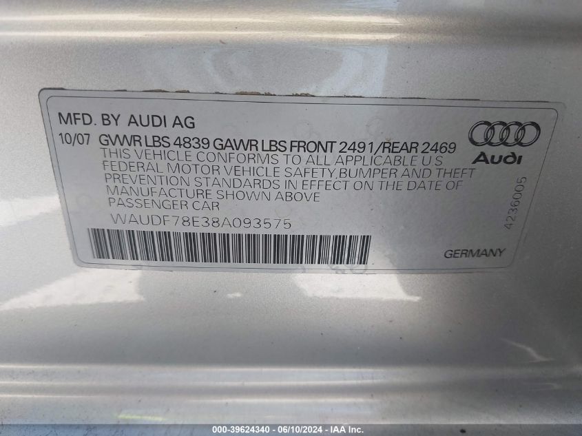 2008 Audi A4 2.0T/2.0T Special Edition VIN: WAUDF78E38A093575 Lot: 39624340