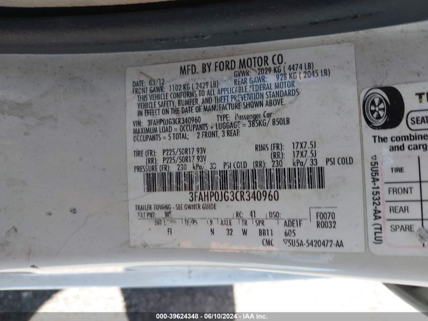 2012 Ford Fusion Sel VIN: 3FAHP0JG3CR340960 Lot: 39624348