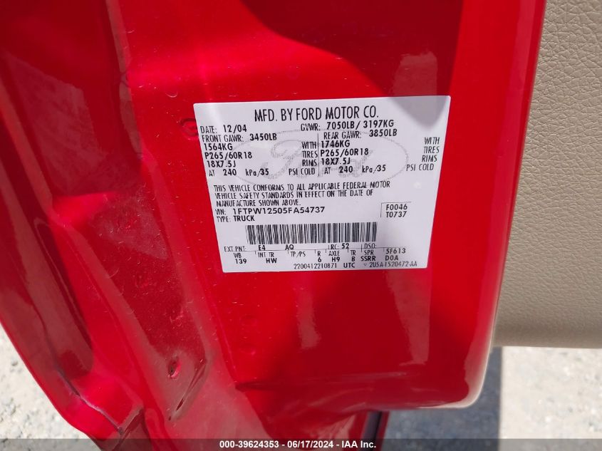 2005 Ford F-150 Lariat/Xlt VIN: 1FTPW12505FA54737 Lot: 39624353