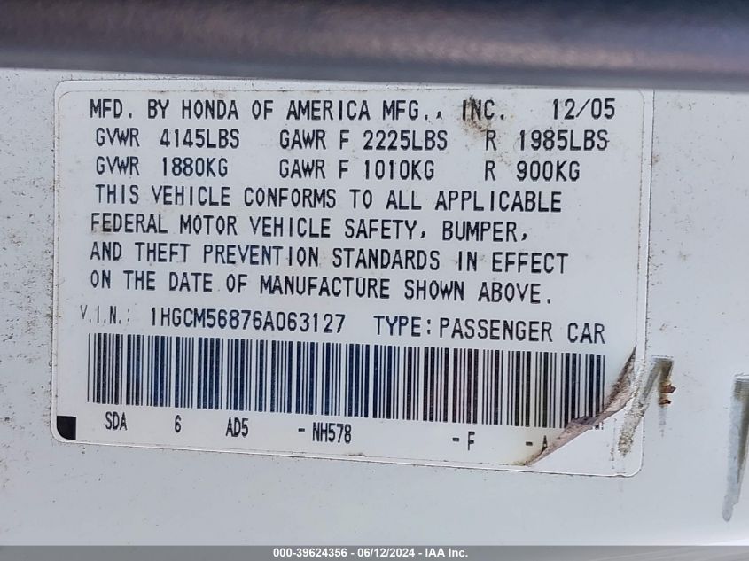 2006 Honda Accord 2.4 Ex VIN: 1HGCM56876A063127 Lot: 39624356
