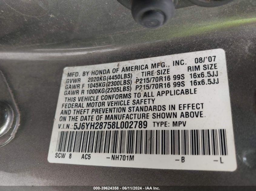 2008 Honda Element Ex VIN: 5J6YH28758L002789 Lot: 39624358