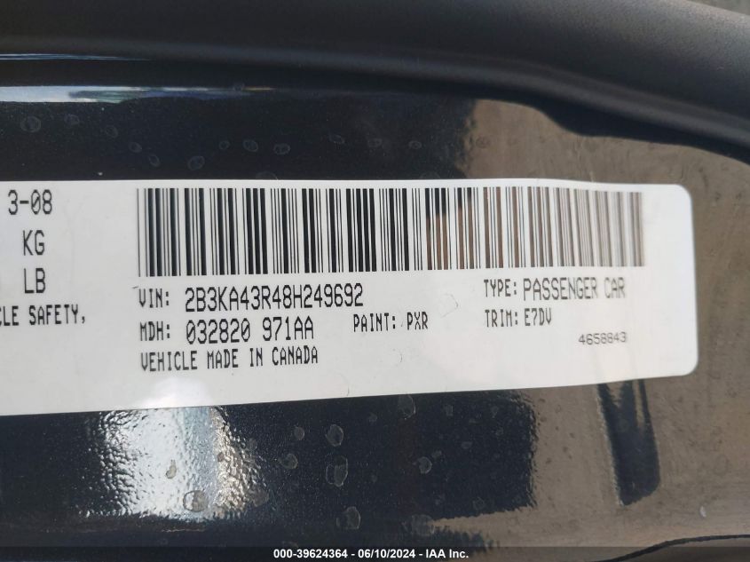 2008 Dodge Charger VIN: 2B3KA43R48H249692 Lot: 39624364
