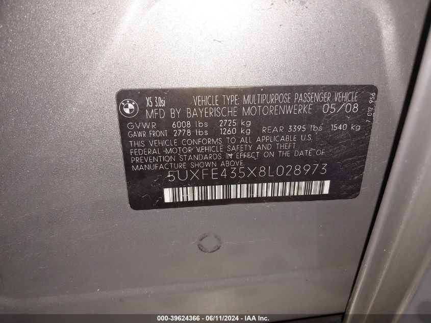 2008 BMW X5 3.0Si VIN: 5UXFE435X8L028973 Lot: 39624366