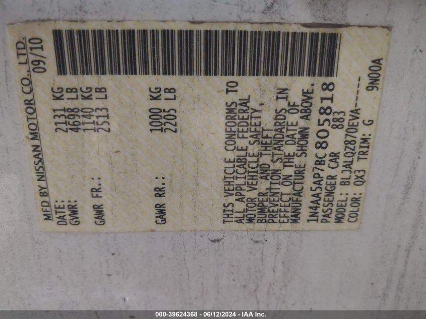 2011 Nissan Maxima 3.5 S VIN: 1N4AA5AP7BC805818 Lot: 39624368