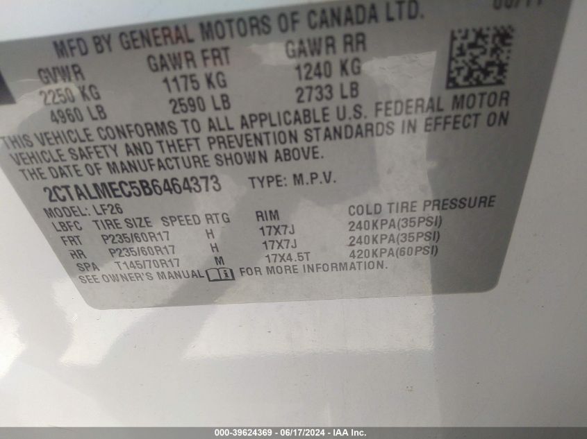 2011 GMC Terrain Sle-1 VIN: 2CTALMEC5B6464373 Lot: 39624369