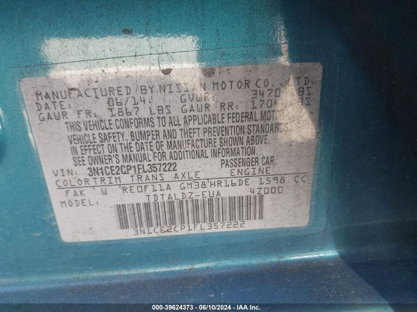 2015 Nissan Versa Note S (Sr)/S Plus/Sl/Sr/Sv VIN: 3N1CE2CP1FL357222 Lot: 39624373