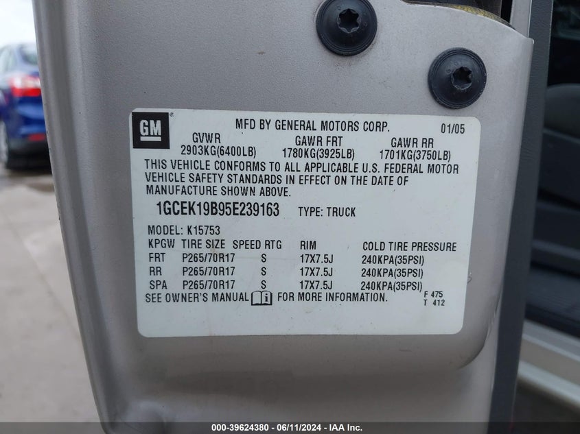 2005 Chevrolet Silverado 1500 Z71 VIN: 1GCEK19B95E239163 Lot: 39624380