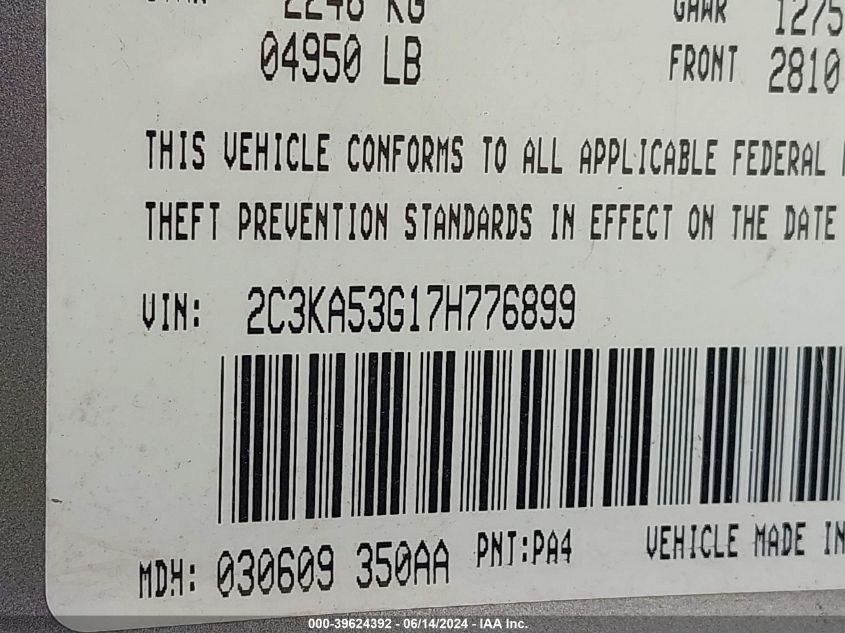 2007 Chrysler 300 Touring VIN: 2C3KA53G17H776899 Lot: 39624392