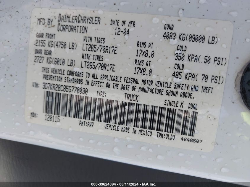 2005 Dodge Ram 2500 Slt/Laramie VIN: 3D7KR28C85G770030 Lot: 39624394