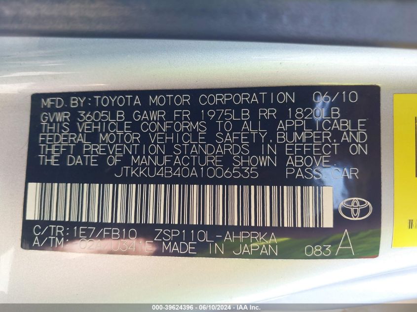 2010 Scion Xd VIN: JTKKU4B40A1006535 Lot: 39624396