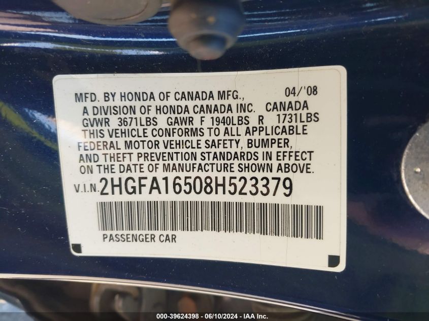 2008 Honda Civic Lx VIN: 2HGFA16508H523379 Lot: 39624398