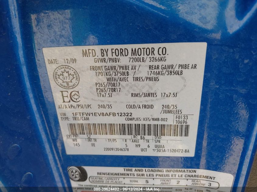 2010 Ford F-150 Fx4/Harley-Davidson/King Ranch/Lariat/Platinum/Xl/Xlt VIN: 1FTFW1EV8AFB12322 Lot: 39624402