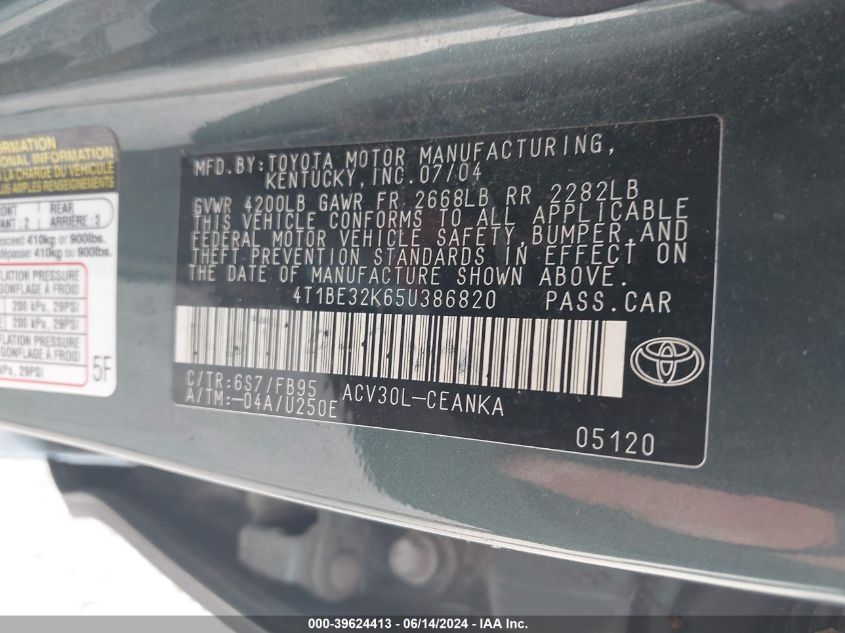 4T1BE32K65U386820 2005 Toyota Camry Le