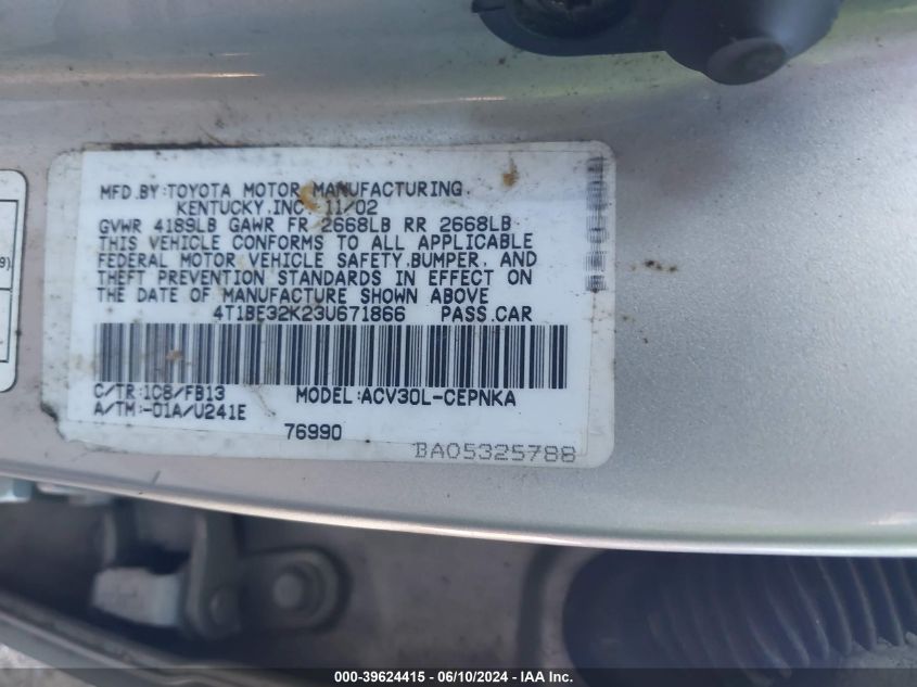 2003 Toyota Camry Le VIN: 4T1BE32K23U671866 Lot: 39624415