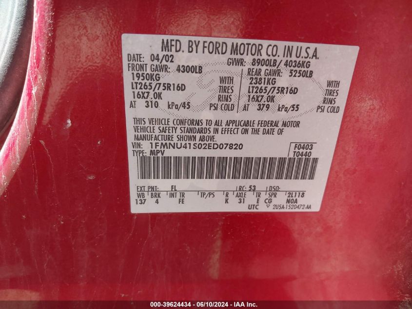 2002 Ford Excursion Xlt VIN: 1FMNU41S02ED07820 Lot: 39624434