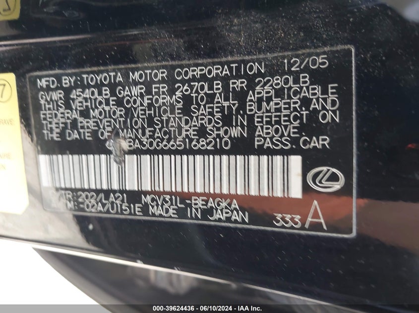 2006 Lexus Es 330 VIN: JTHBA30G665168210 Lot: 39624436