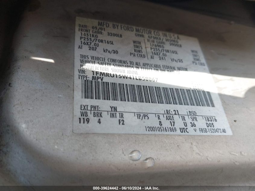 2001 Ford Expedition Xlt VIN: 1FMRU15W41LB58867 Lot: 39624442