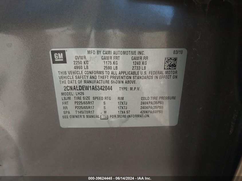 2010 Chevrolet Equinox Lt VIN: 2CNALDEW1A6342044 Lot: 39624445