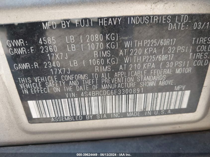 2014 Subaru Outback 2.5I Premium VIN: 4S4BRCDC6E3300891 Lot: 39624449