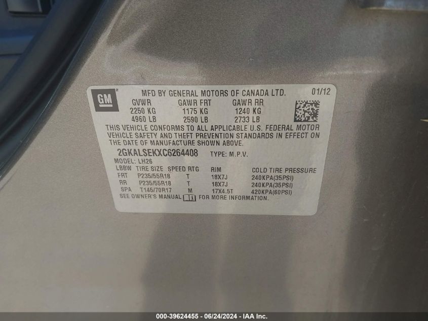 2012 GMC Terrain Sle-2 VIN: 2GKALSEKXC6264408 Lot: 39624455