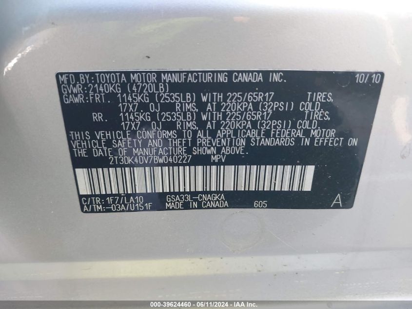 2011 Toyota Rav4 Limited V6 VIN: 2T3DK4DV7BW040227 Lot: 39624460