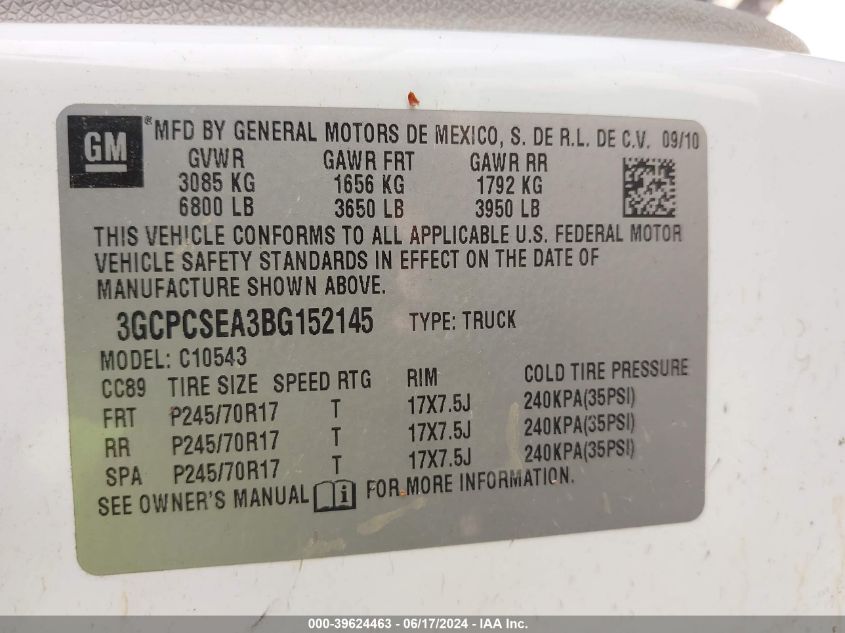 2011 Chevrolet Silverado 1500 Lt VIN: 3GCPCSEA3BG152145 Lot: 39624463