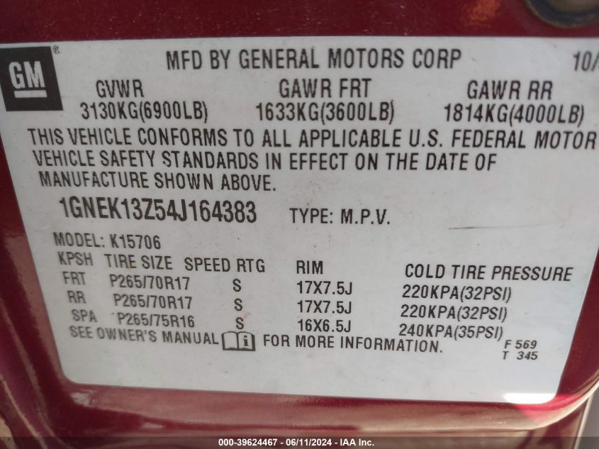 2004 Chevrolet Tahoe Lt VIN: 1GNEK13Z54J164383 Lot: 39624467