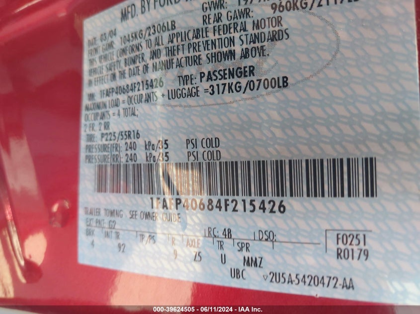 2004 Ford Mustang VIN: 1FAFP40684F215426 Lot: 39624505