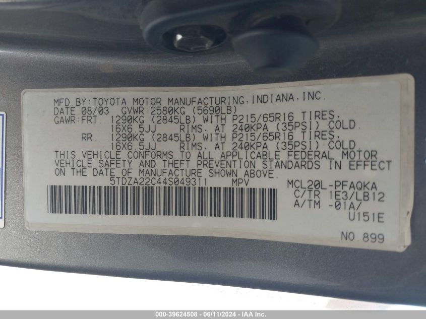 2004 Toyota Sienna Xle VIN: 5TDZA22C44S049311 Lot: 39624508